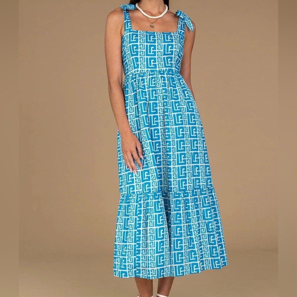 OLIVIA JAMES THE LABEL Doe Midi Dress Pockets Greek Keys Medium Smock Back‎ $275